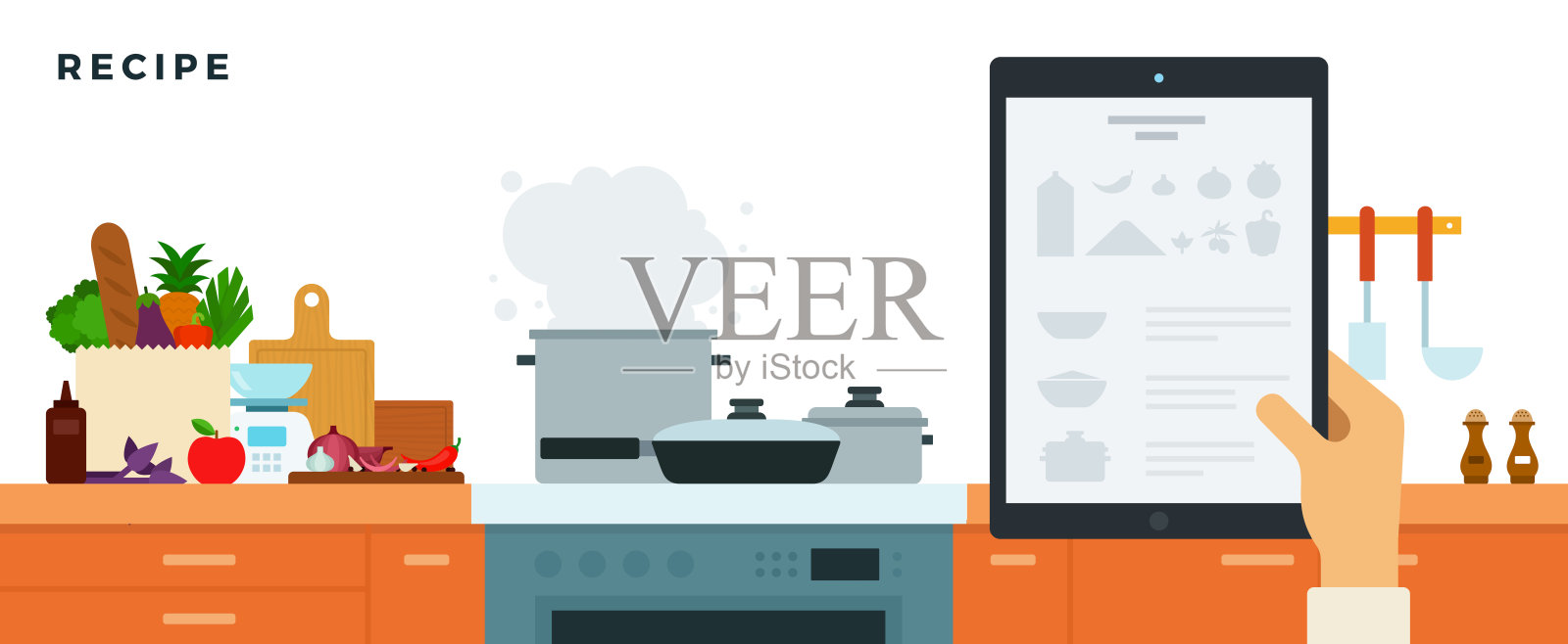 厨房内置家具，电器，器皿和一个平板与食谱矢量插图插画图片素材