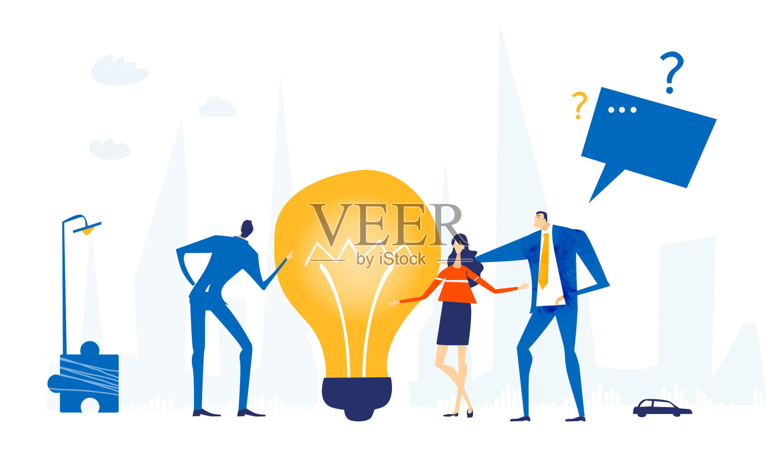 一群年轻的成功创意人士围绕着象征着新想法和解决问题的方法的灯泡讨论插画图片素材