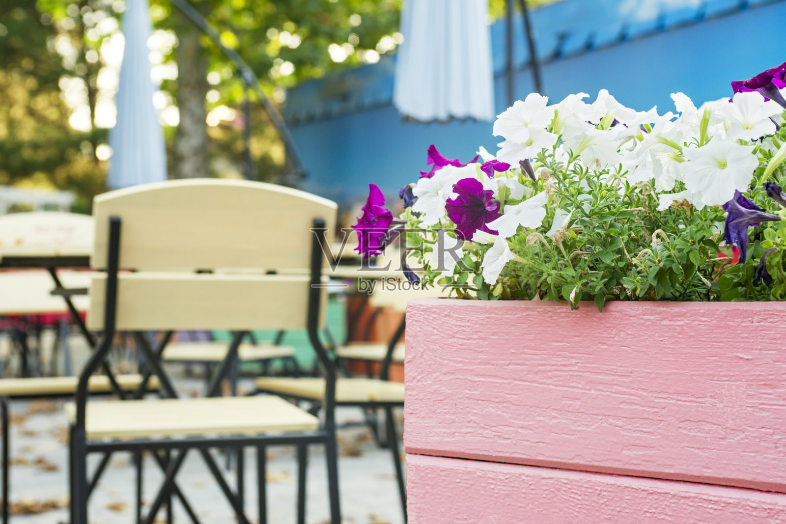 街上有桌椅的咖啡馆。有鲜花和咖啡馆的舒适街道照片摄影图片