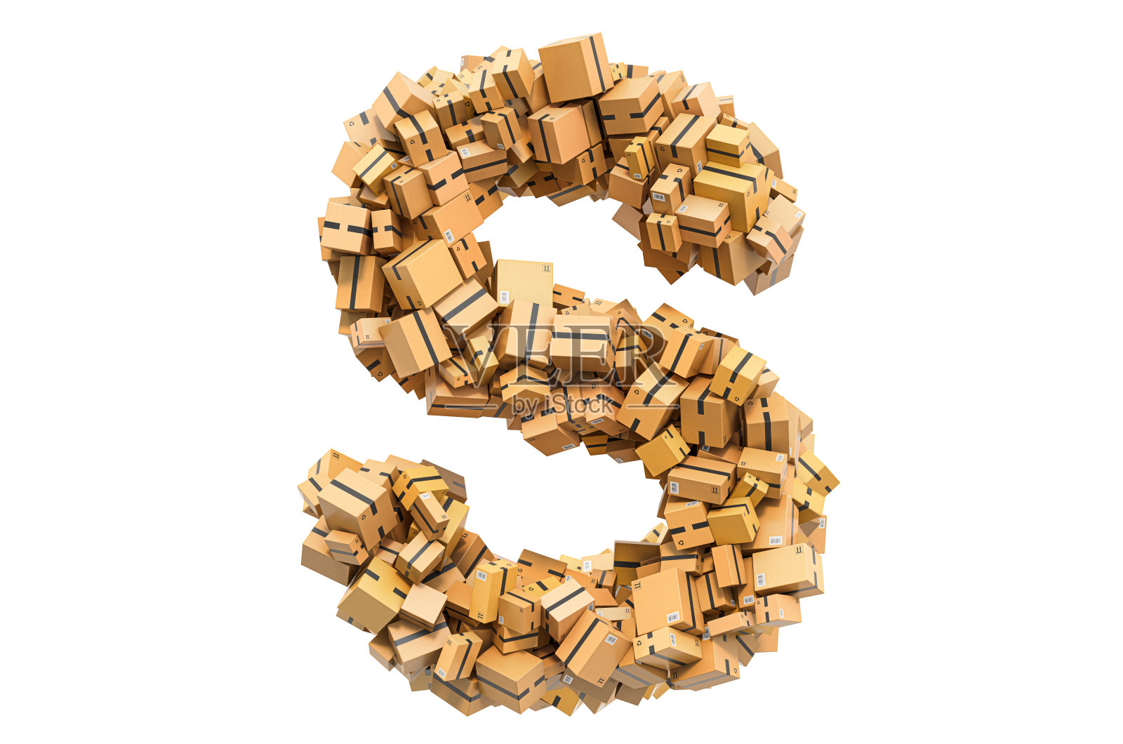 纸板箱里的字母S。3D渲染孤立的白色背景照片摄影图片