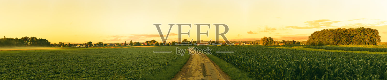 美丽的风景与道路，绿色的玉米地和日落的天空照片摄影图片