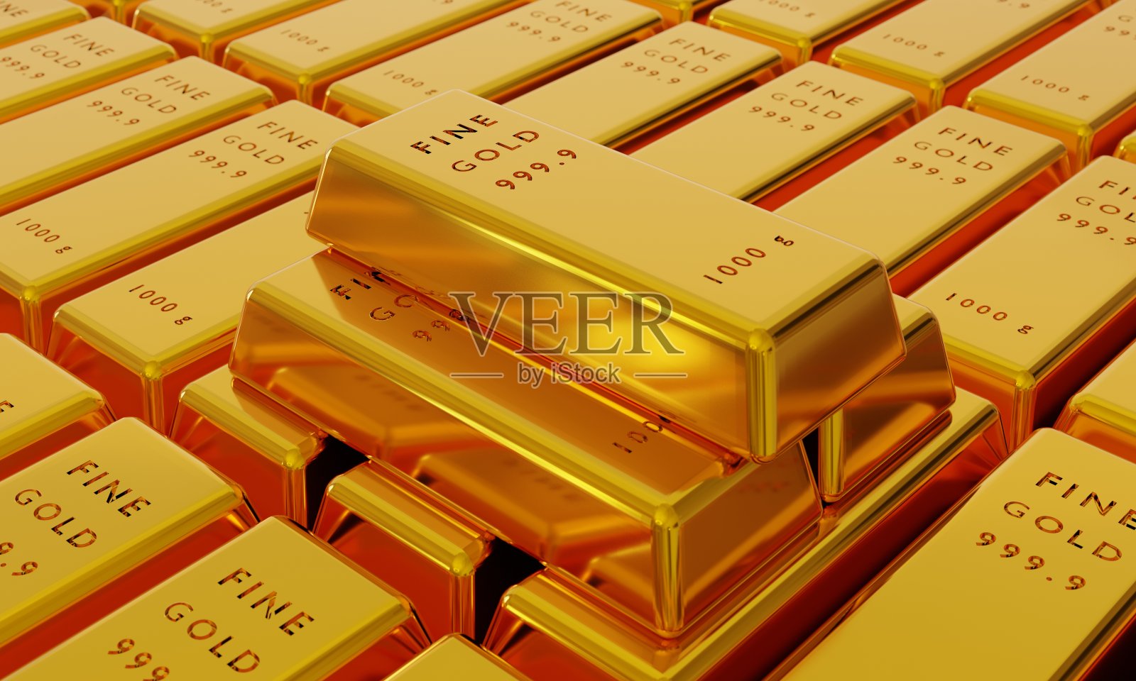 金条堆叠1000克，3d渲染。照片摄影图片