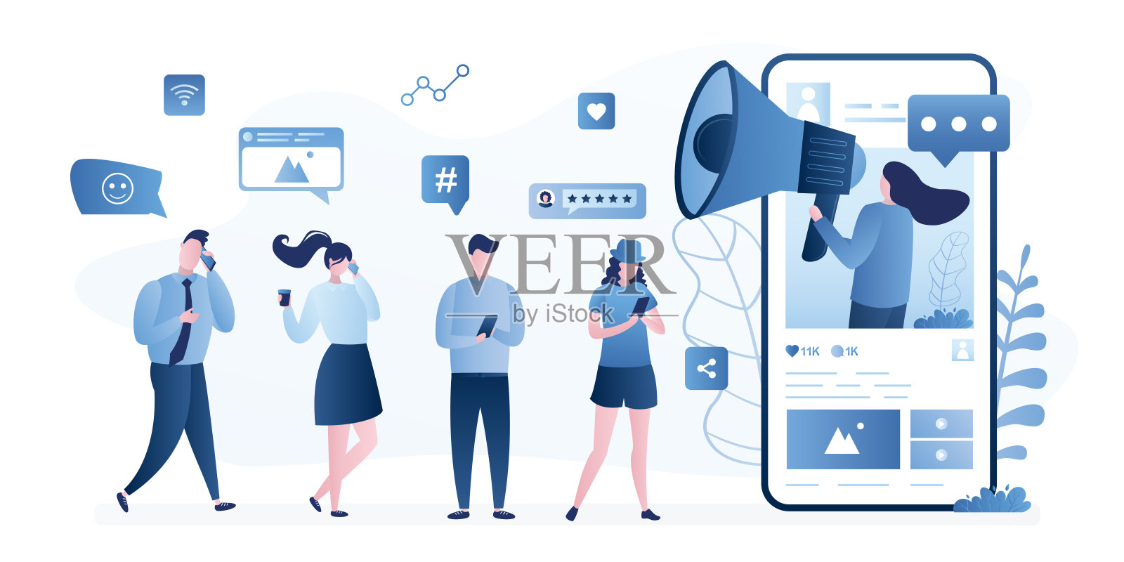 博客邀请加入社交媒体或博客。拿着扩音器的女人和各种各样的人。推荐计划，促销活动。插画图片素材