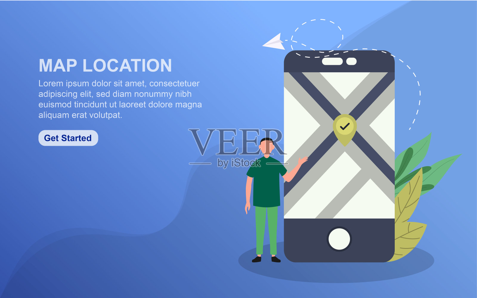 地图位置登陆页面模板。平面网页设计的概念为网站设计。易于编辑和自定义设计模板素材