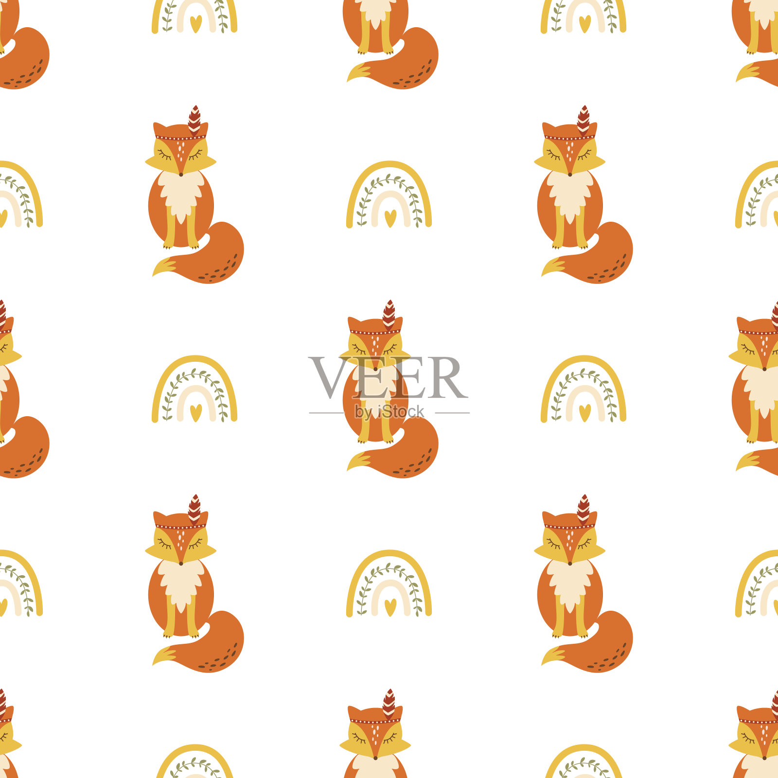 可爱的狐狸图案无缝与彩虹简单的动物纺织品背景儿童狐狸斯堪的纳维亚风格设计元素图片