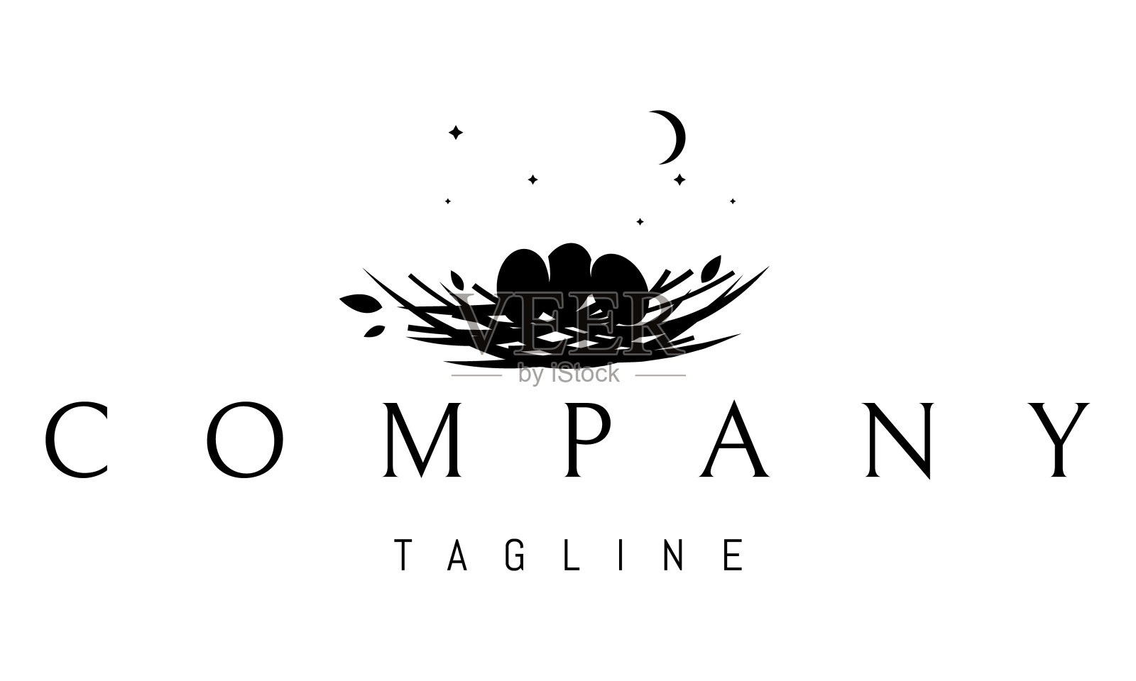 矢量标志，上面有一个抽象的图像，在月亮和星星的背景上有一个鸟巢和鸡蛋。插画图片素材