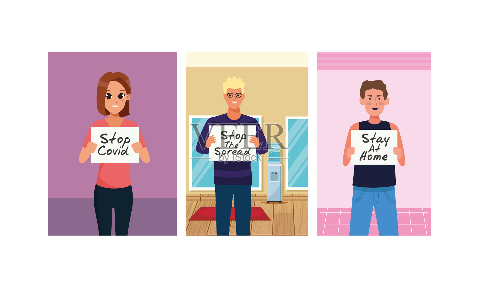 佩戴新冠肺炎运动横幅的人员插画图片素材