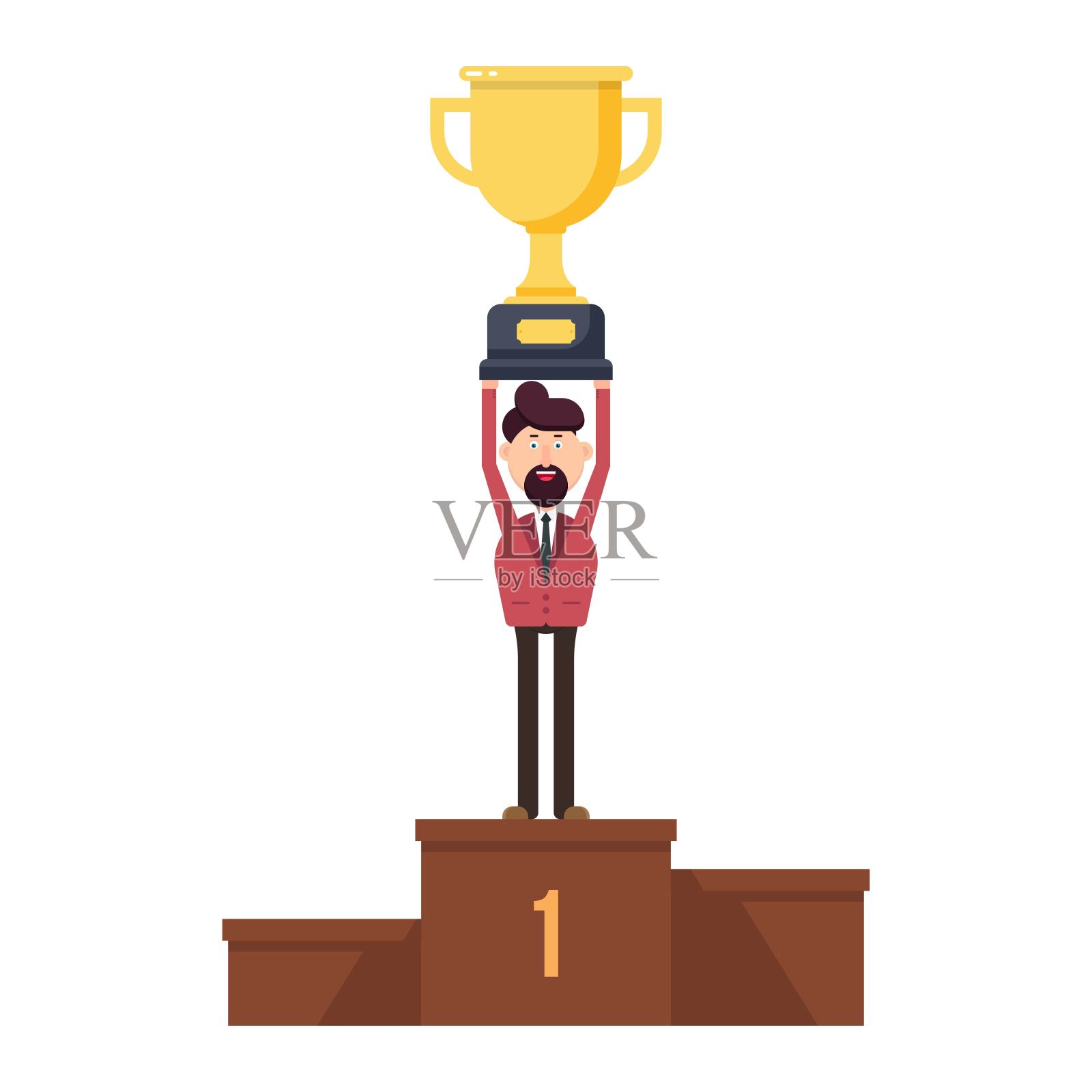 快乐的商人坐在领奖台上，手里拿着冠军奖杯插画图片素材