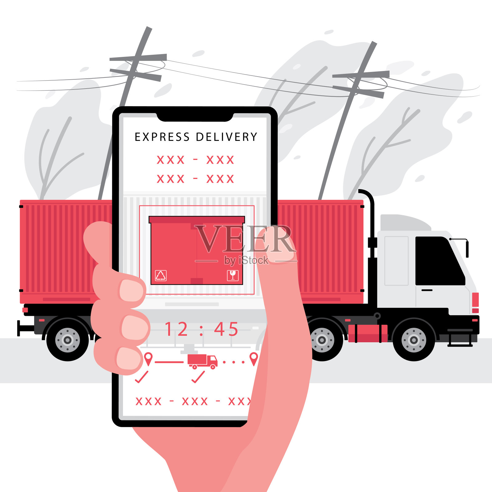 物流业务的特点是有配送时间表和红色卡车的电话插画图片素材