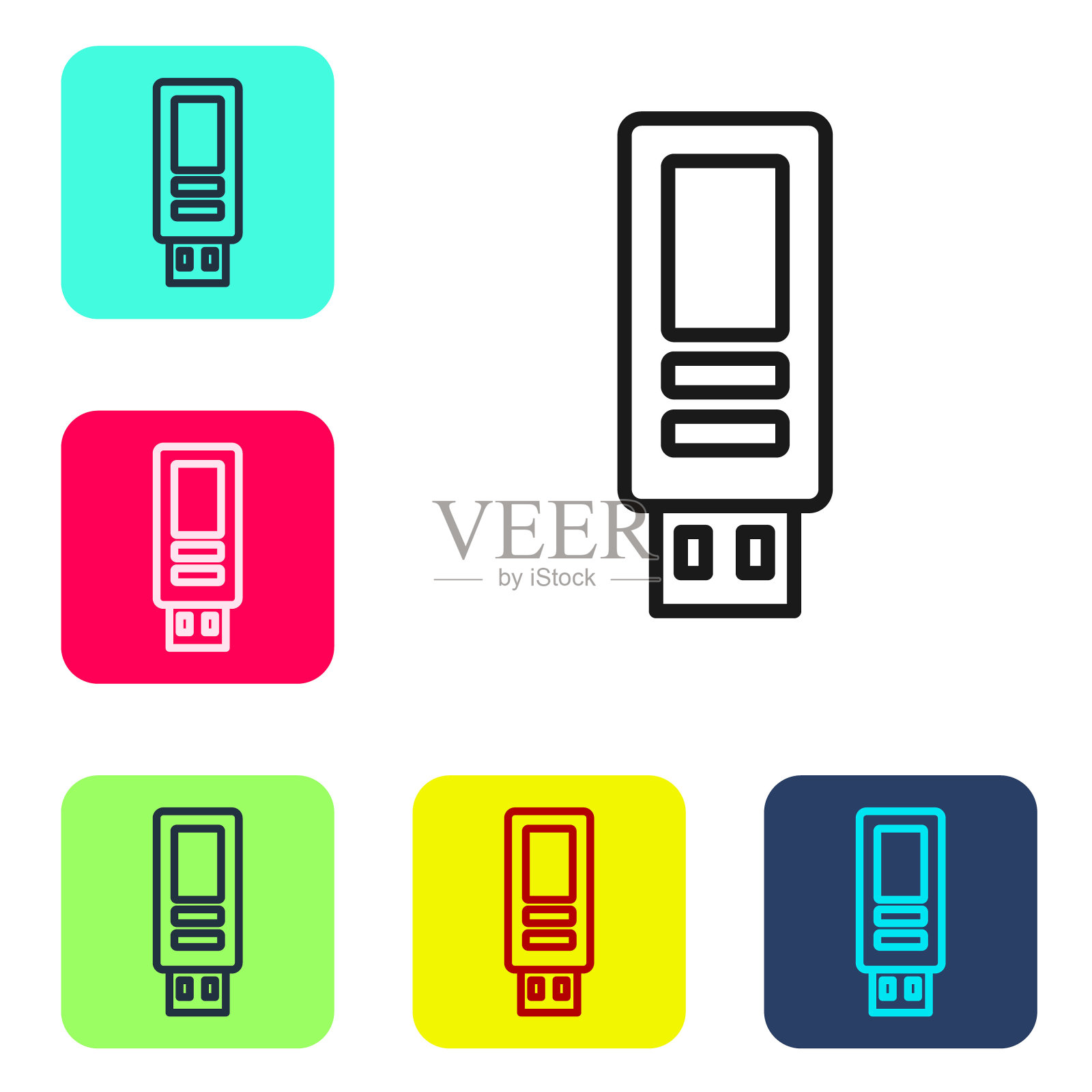 黑线USB闪存驱动器图标隔离在白色背景。设置图标的颜色方形按钮。向量图标素材