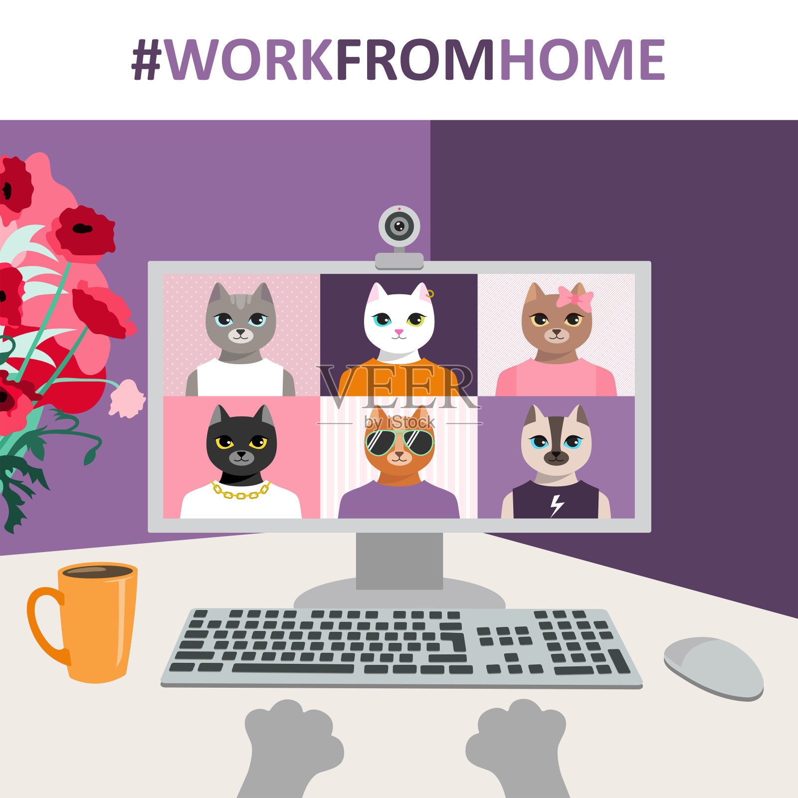 COVID-19社交距离-可爱的卡通猫在家里工作插画图片素材