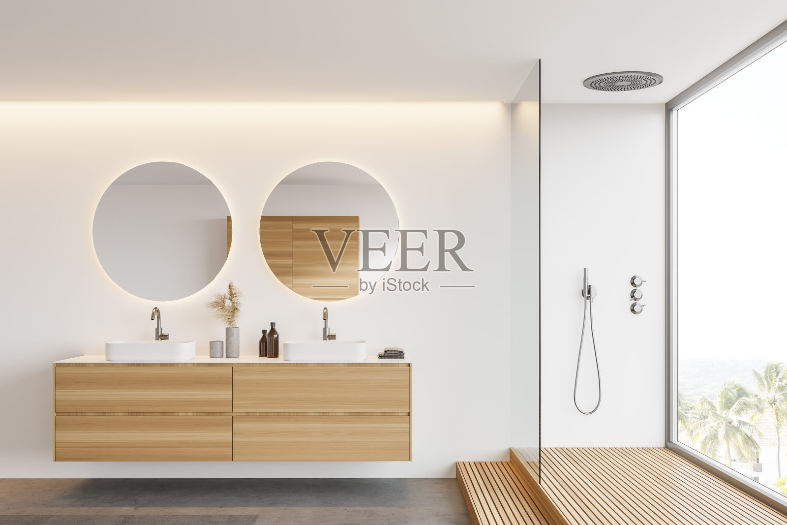 白色木制浴室，水槽和淋浴照片摄影图片