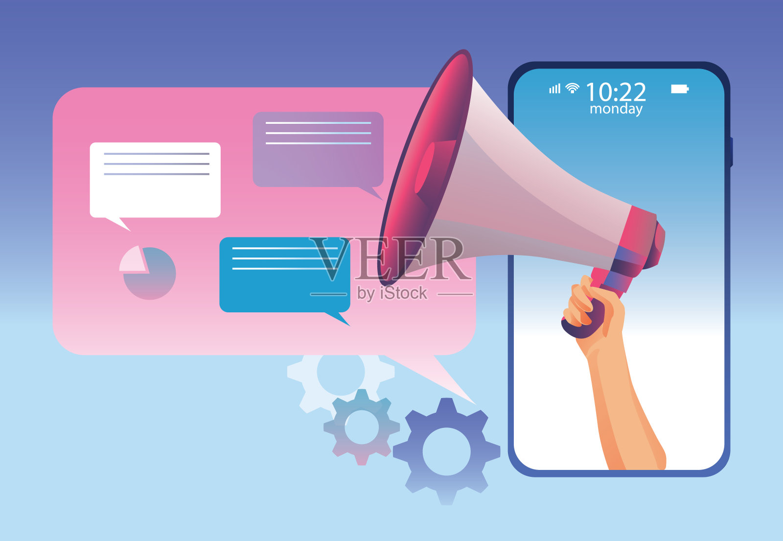 数字营销概念，通过扩音器发布公告。为客户发布新闻内容，或目前宣布招聘团队，业务推广和广告，矢量插画图片素材