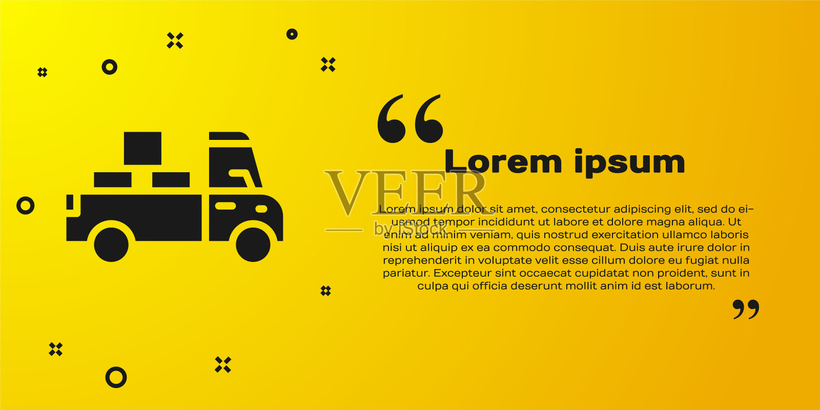 黑色送货卡车与纸箱后面的图标孤立在黄色背景。向量插画图片素材