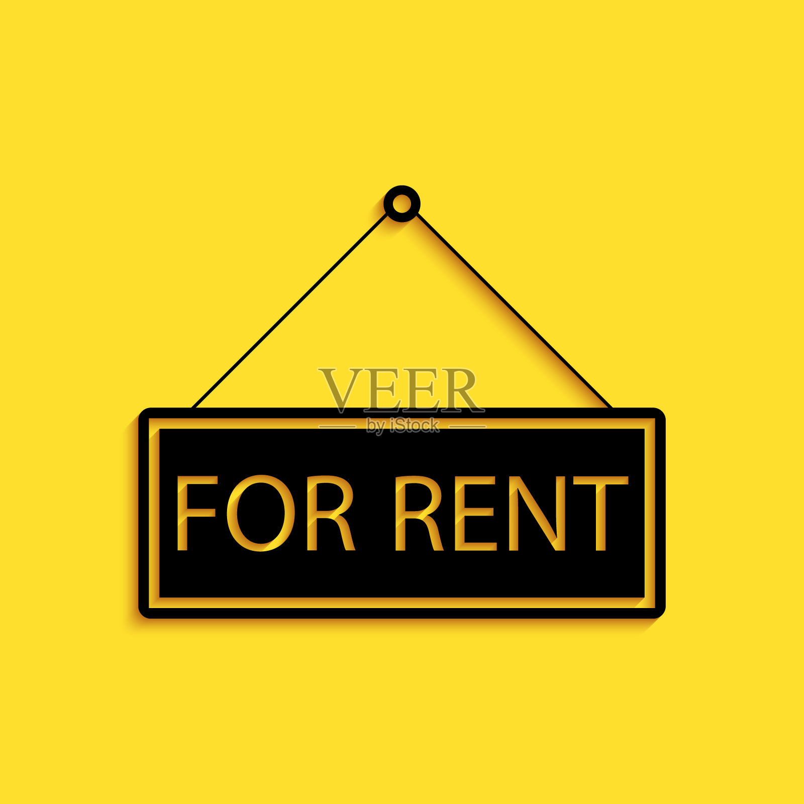 黑色悬挂标志与文字出租图标隔离在黄色背景。长长的阴影风格。向量图标素材