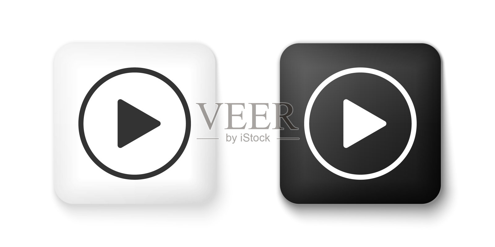 黑白播放图标孤立在白色背景。方形按钮。向量图标素材