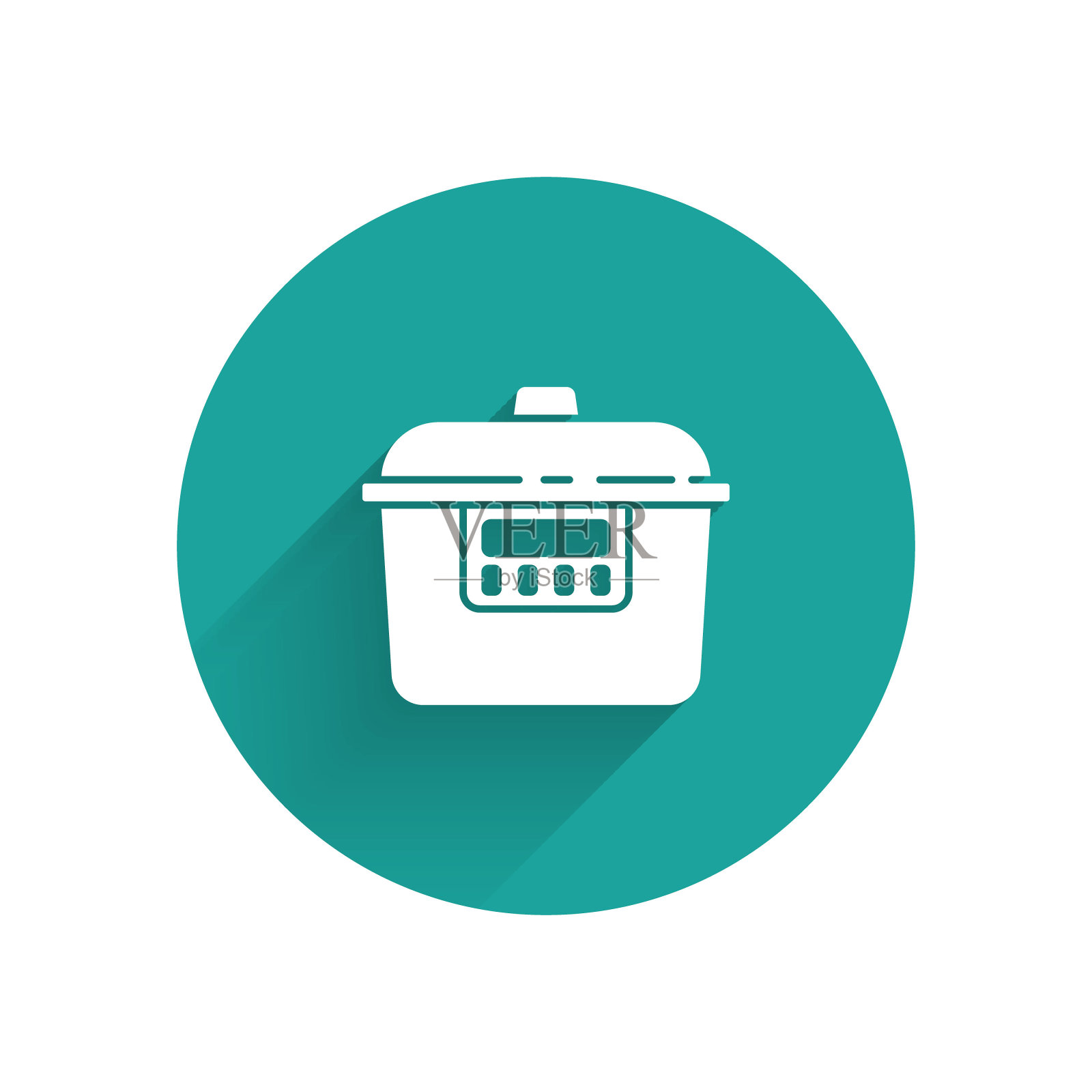 白色慢炖锅图标孤立与长影子。电锅。绿色圆圈按钮。向量图标素材