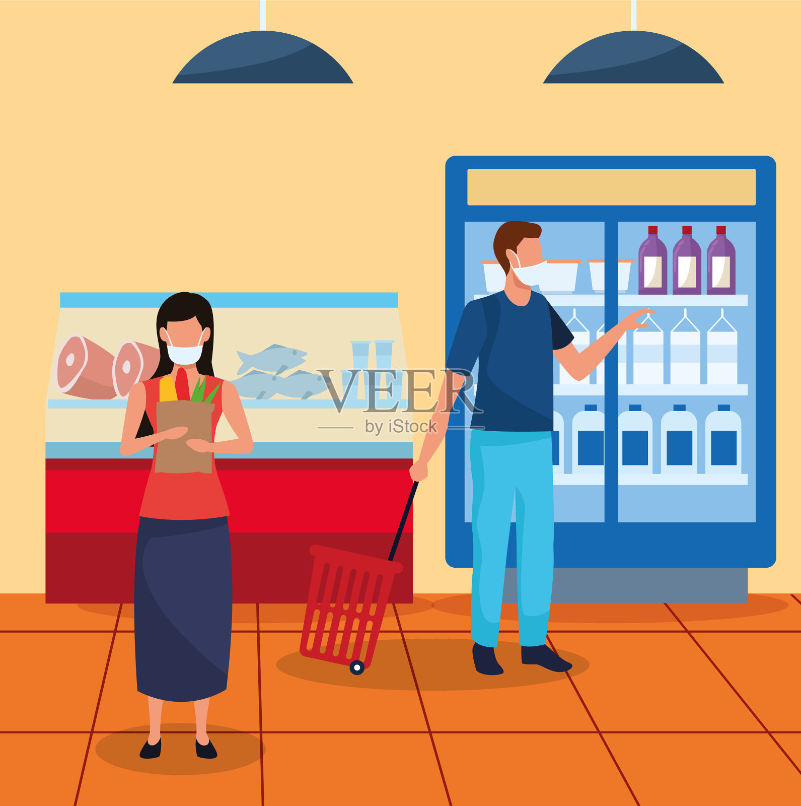 夫妇在超市戴口罩插画图片素材