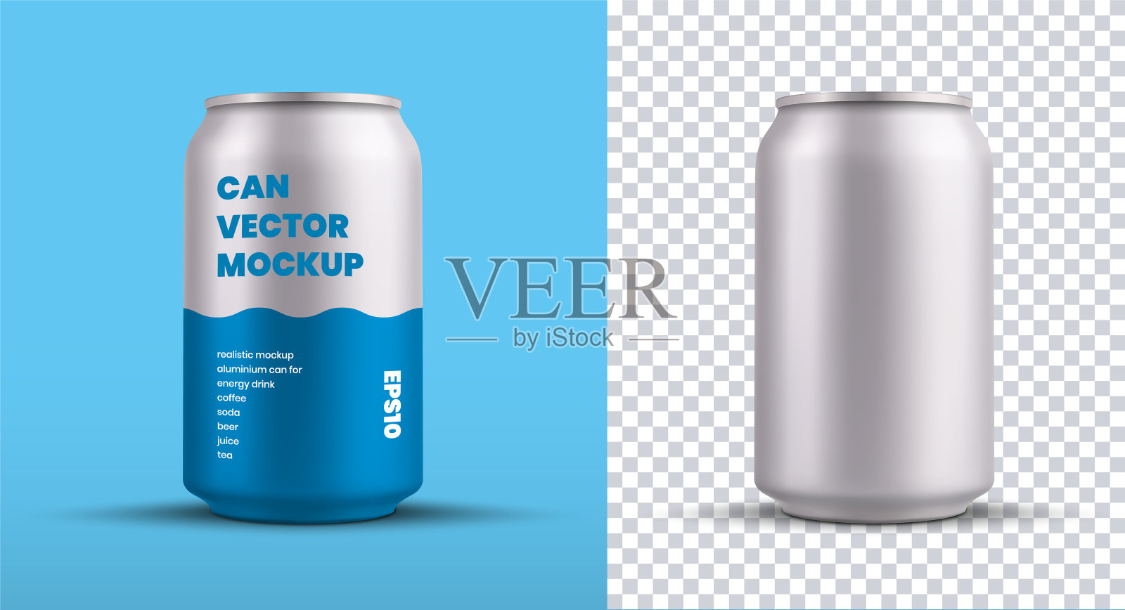 模型的一个小锡罐与能量饮料与蓝色图案，为设计展示，矢量银色闪亮的水瓶子。插画图片素材