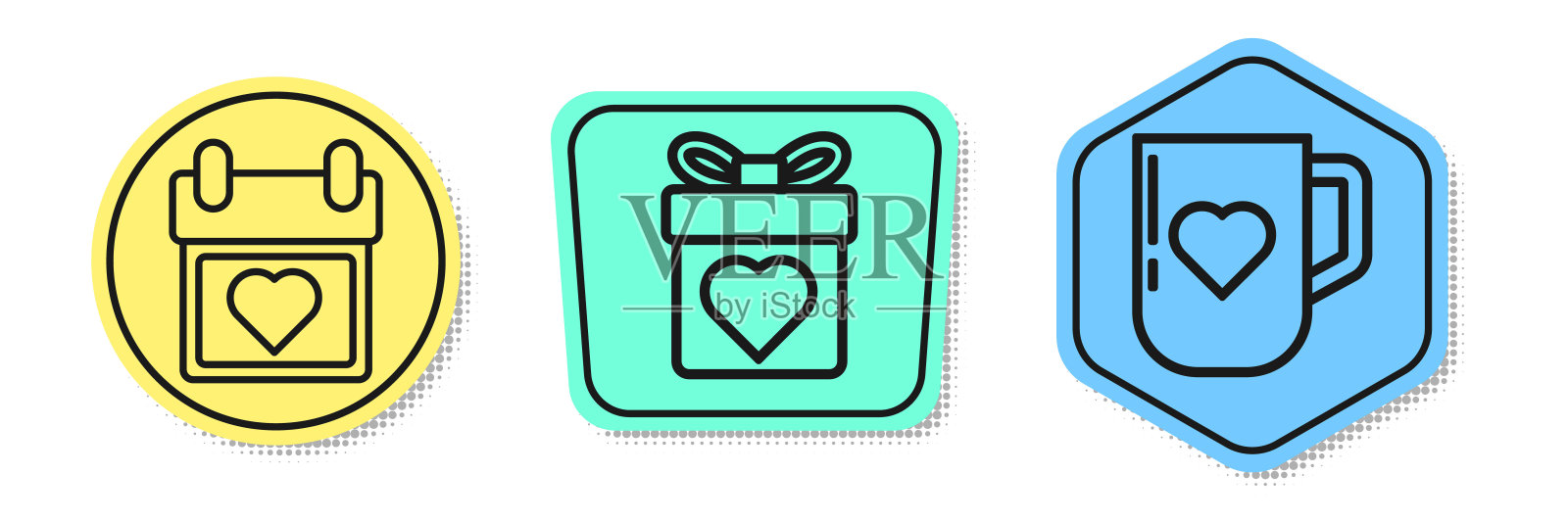 用心订行日历，用心订礼盒，用心订咖啡杯。颜色的形状。向量插画图片素材