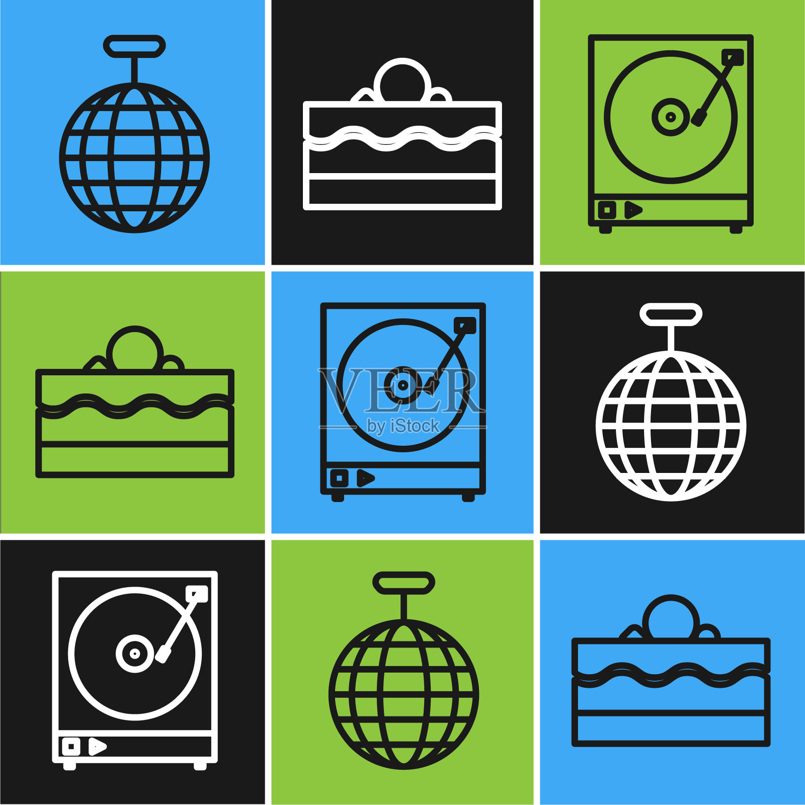 设置线迪斯科球，乙烯基播放器与乙烯基磁盘和蛋糕图标。向量插画图片素材