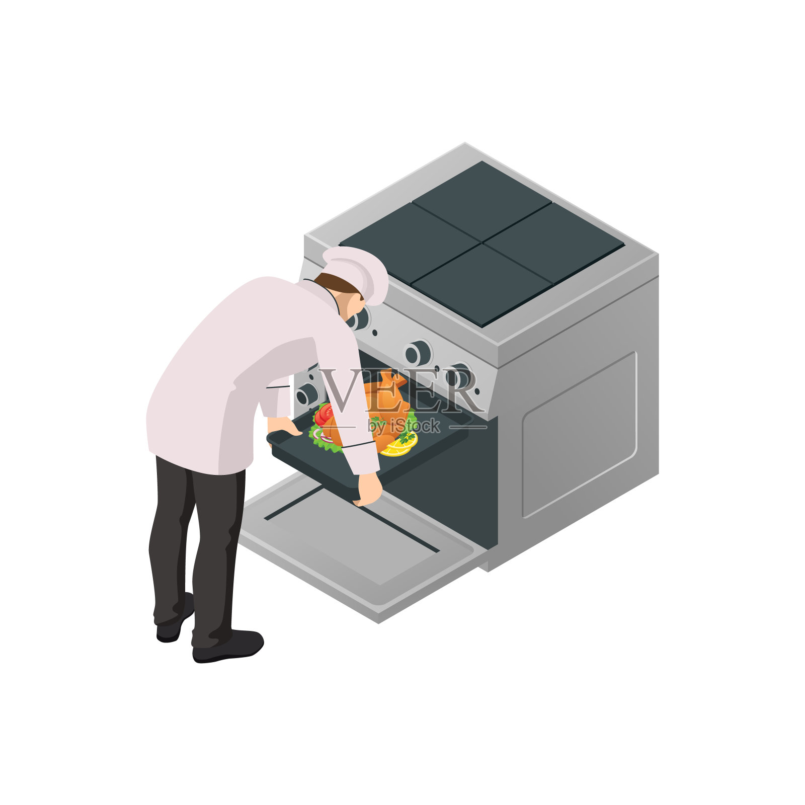 等长男厨师孤立于白色。在商业厨房里穿制服做饭的厨师。插画图片素材