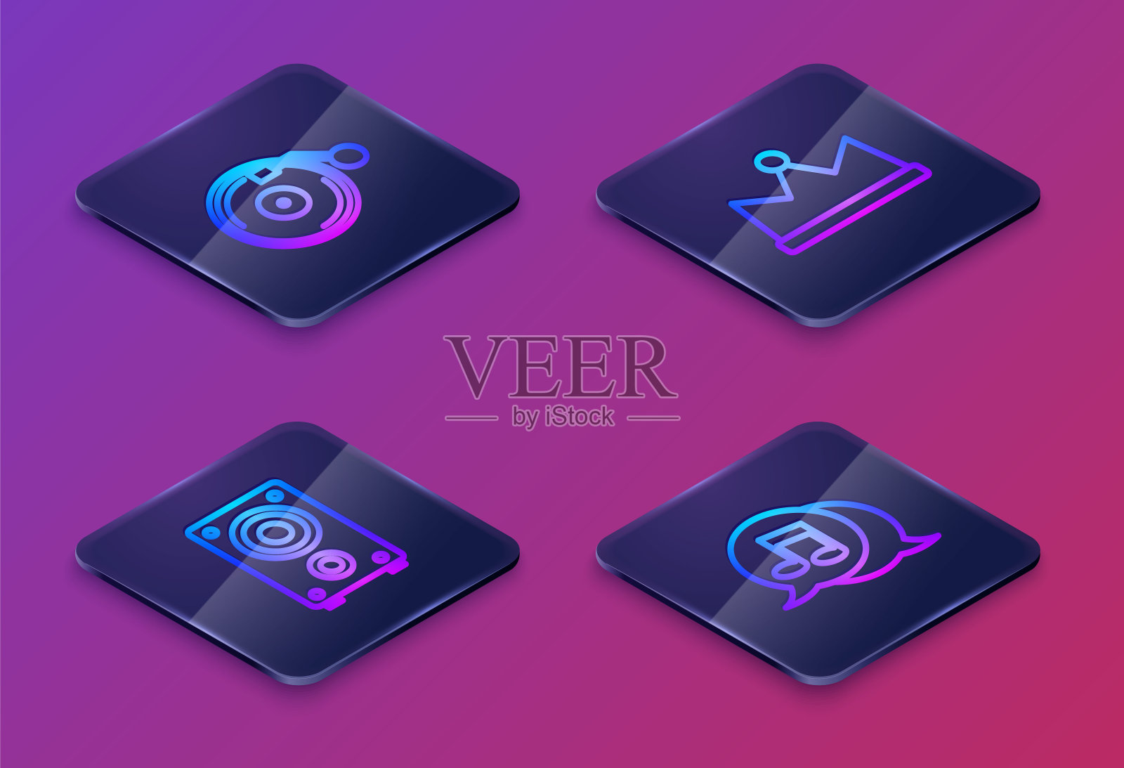 设置等距线乙烯基播放器与磁盘，立体声扬声器，皇冠和音乐音符语音气泡。蓝色方块按钮。向量图标素材