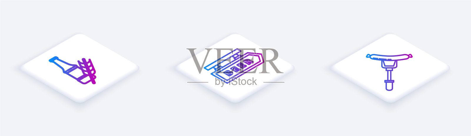 设置啤酒瓶等距线，在叉子上刻有啤酒和香肠的街道招牌。白色正方形按钮。向量插画图片素材