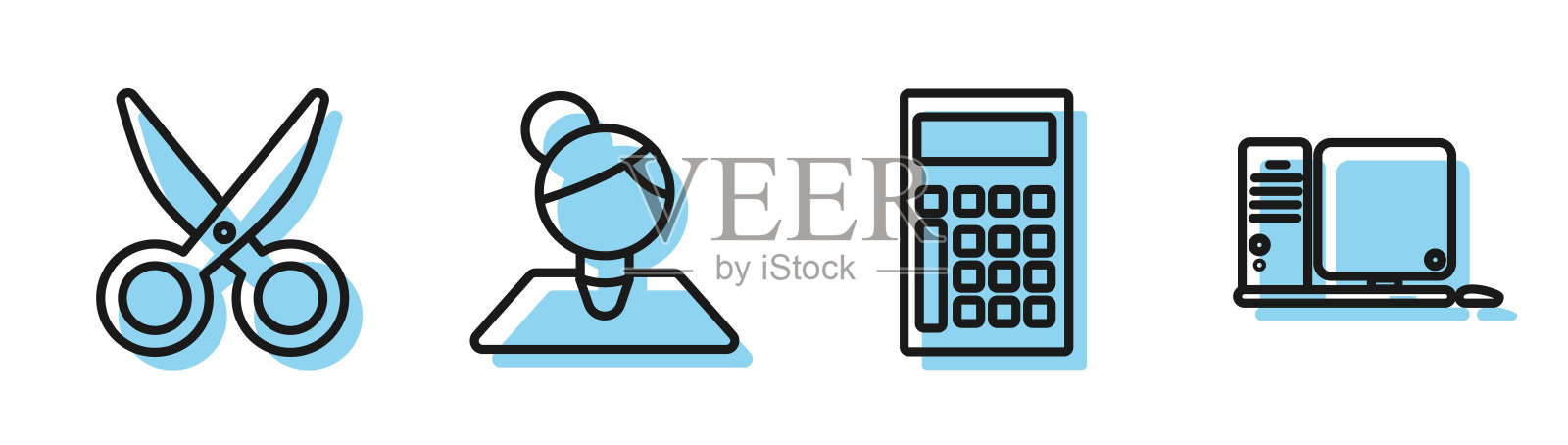 设置线计算器，剪刀，教师和计算机显示器键盘和鼠标图标。向量插画图片素材