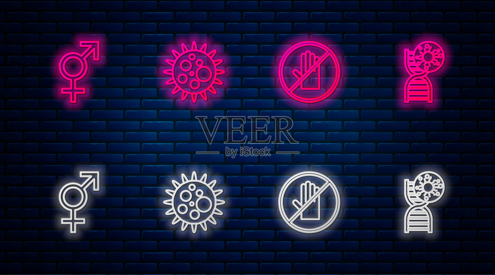 设置一行病毒，不握手，性别和DNA符号病毒。砖墙上发光的霓虹灯图标。向量设计模板素材