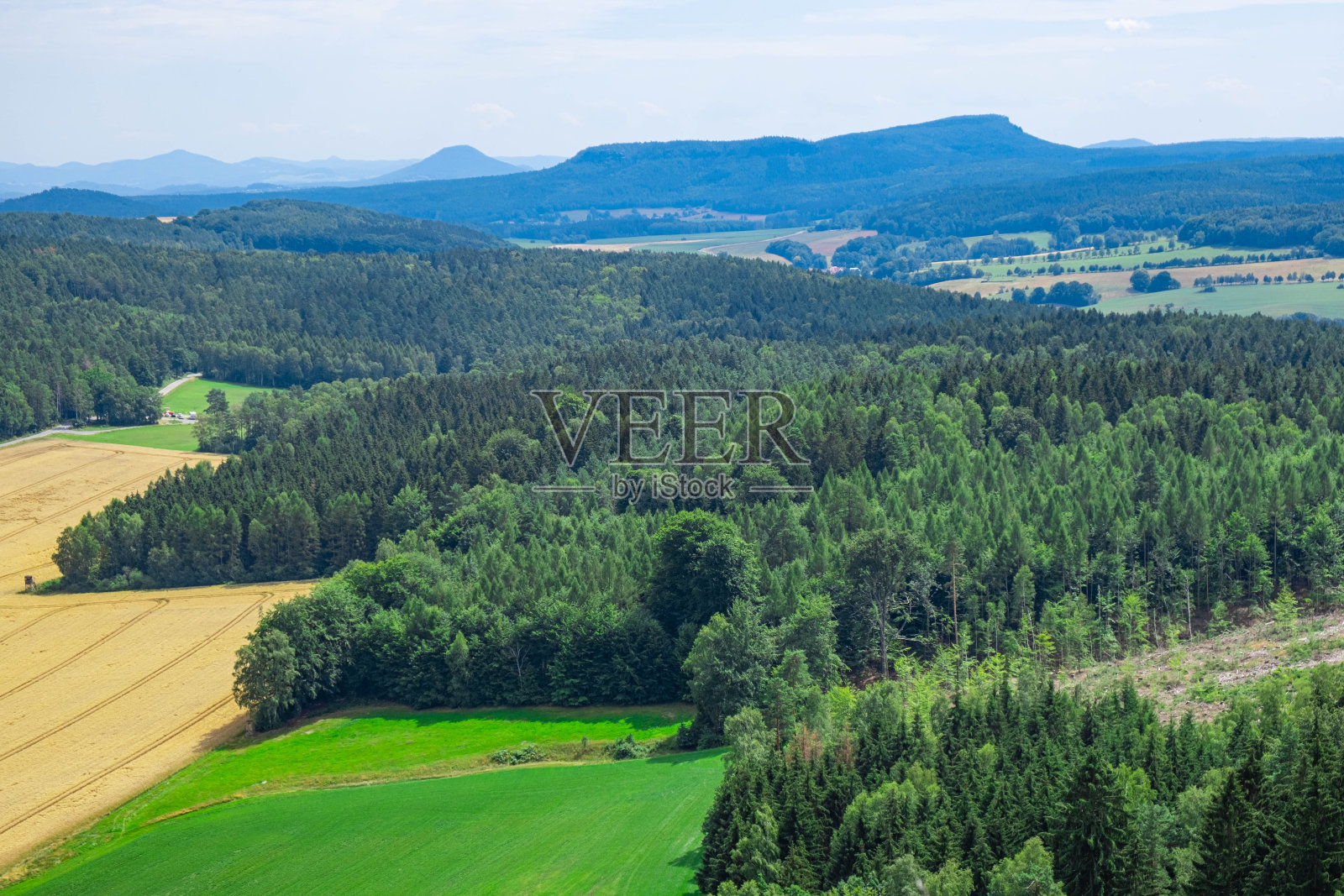 山区，茂密的森林和麦田，在德国东部的某个地方照片摄影图片