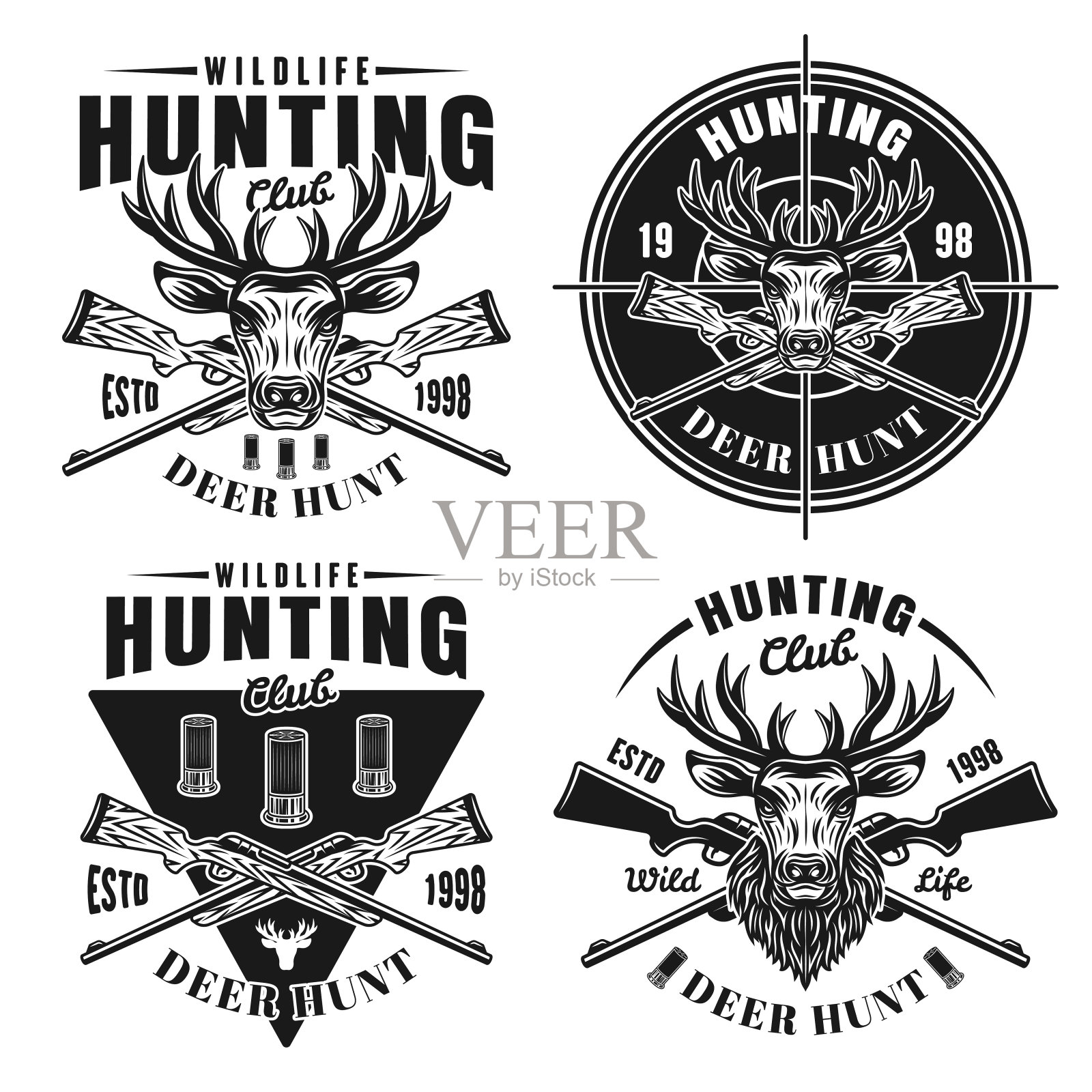 猎鹿集四个矢量狩猎俱乐部的标志，徽章，标签或符号在单色复古风格孤立的白色背景插画图片素材