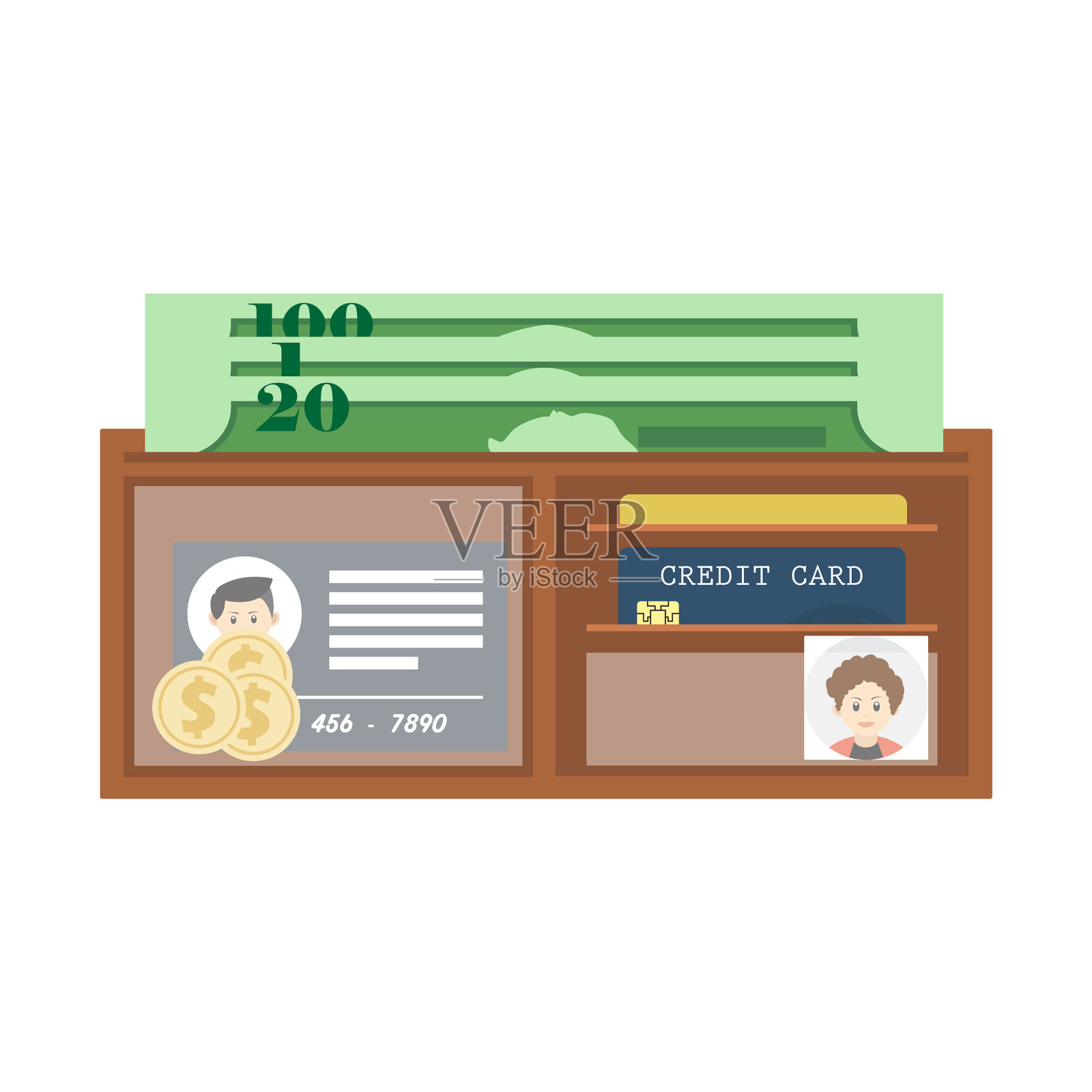 装着钞票和卡片的扁平钱包插画图片素材