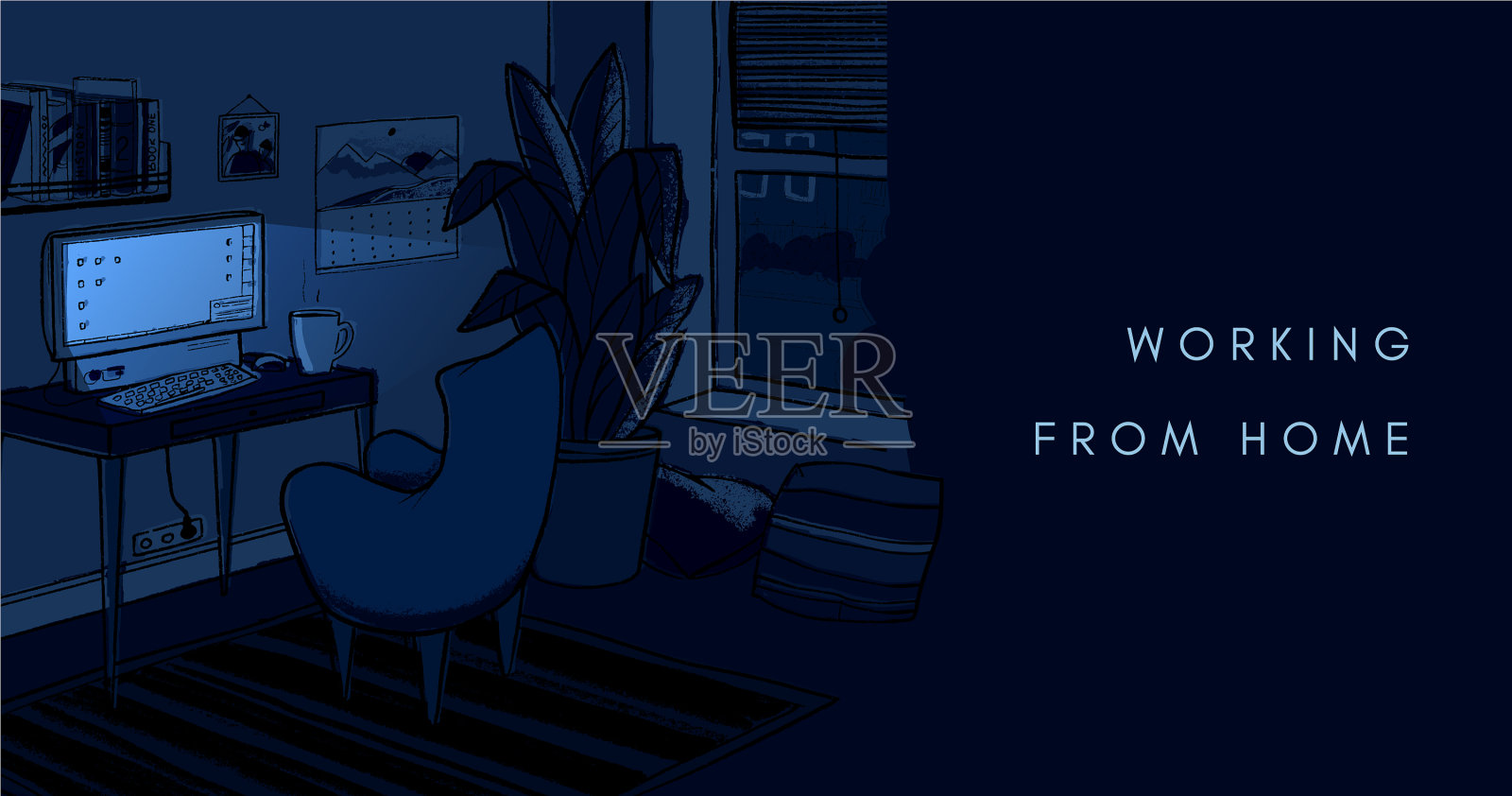 舒适黑暗的夜晚家庭办公室插画图片素材