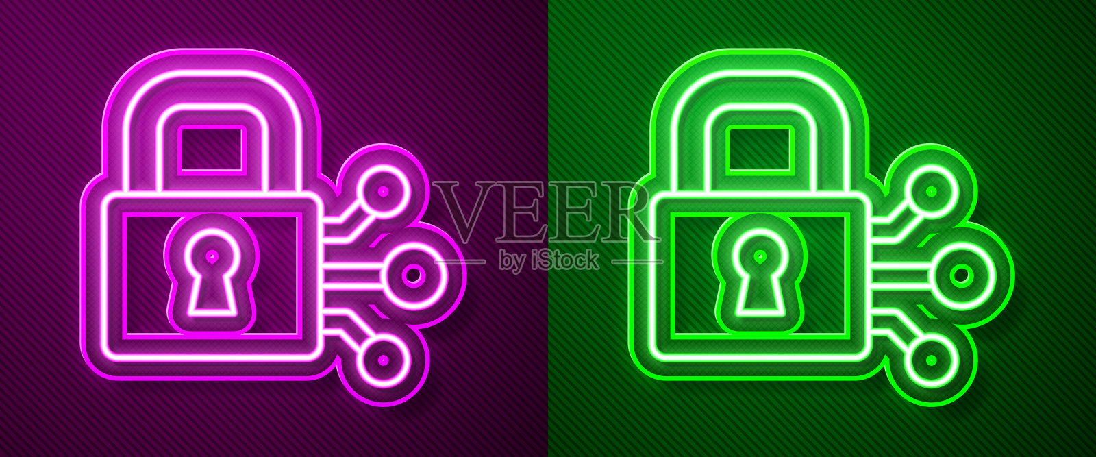 发光的霓虹线锁定与比特币图标隔离在紫色和绿色的背景。加密货币挖矿、区块链技术、安全、保护、数字货币。向量插画图片素材
