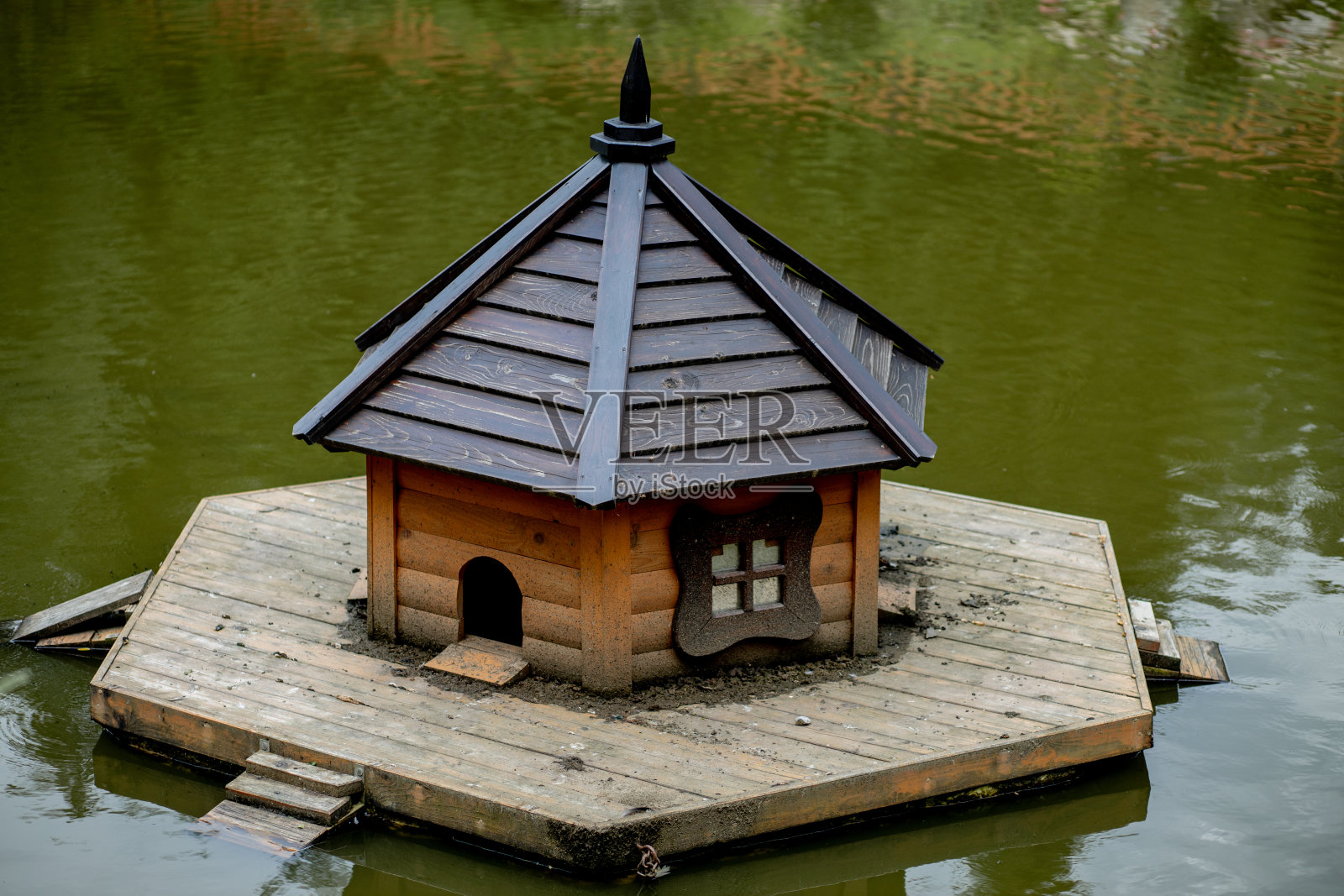 鸭窝漂浮在秋天的池塘里照片摄影图片