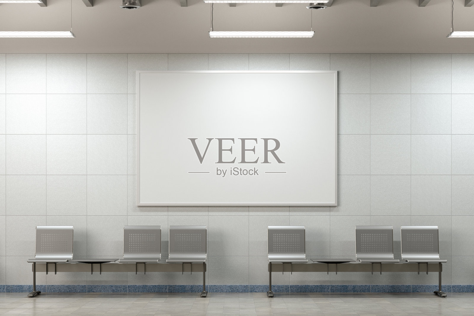 空白水平海报模拟在地下地铁站的墙上。照片摄影图片