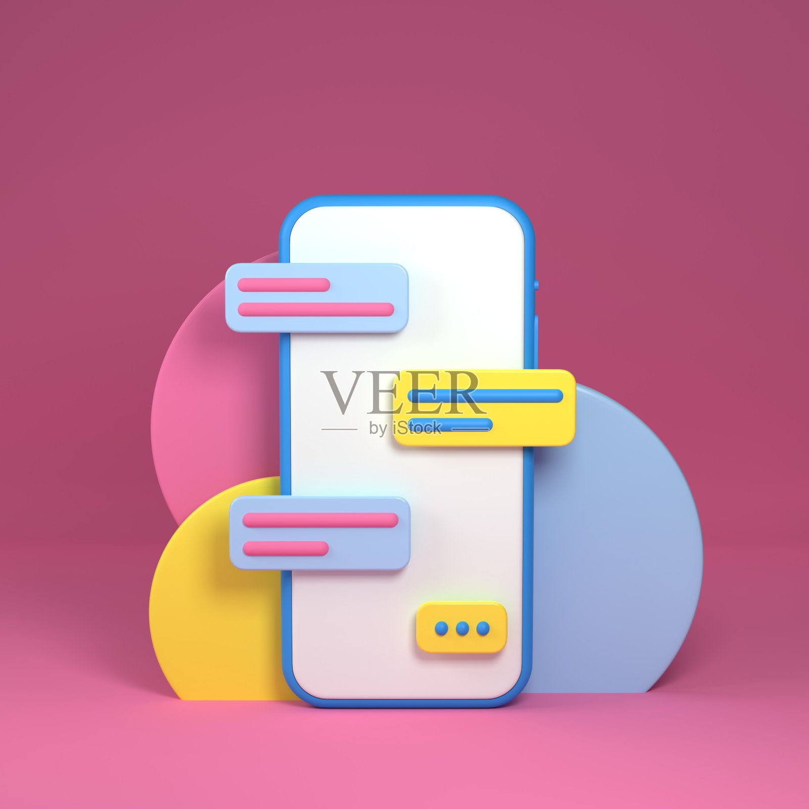 3d渲染插图的白色智能手机，应用和社交媒体的概念，沟通，信使。模型手机空屏幕上的粉色背景照片摄影图片