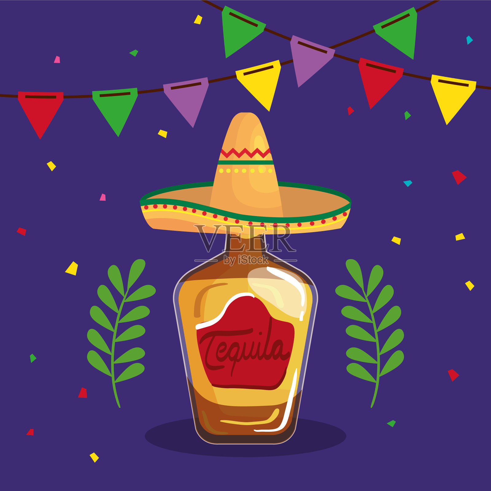 带有帽子设计的墨西哥龙舌兰酒瓶插画图片素材