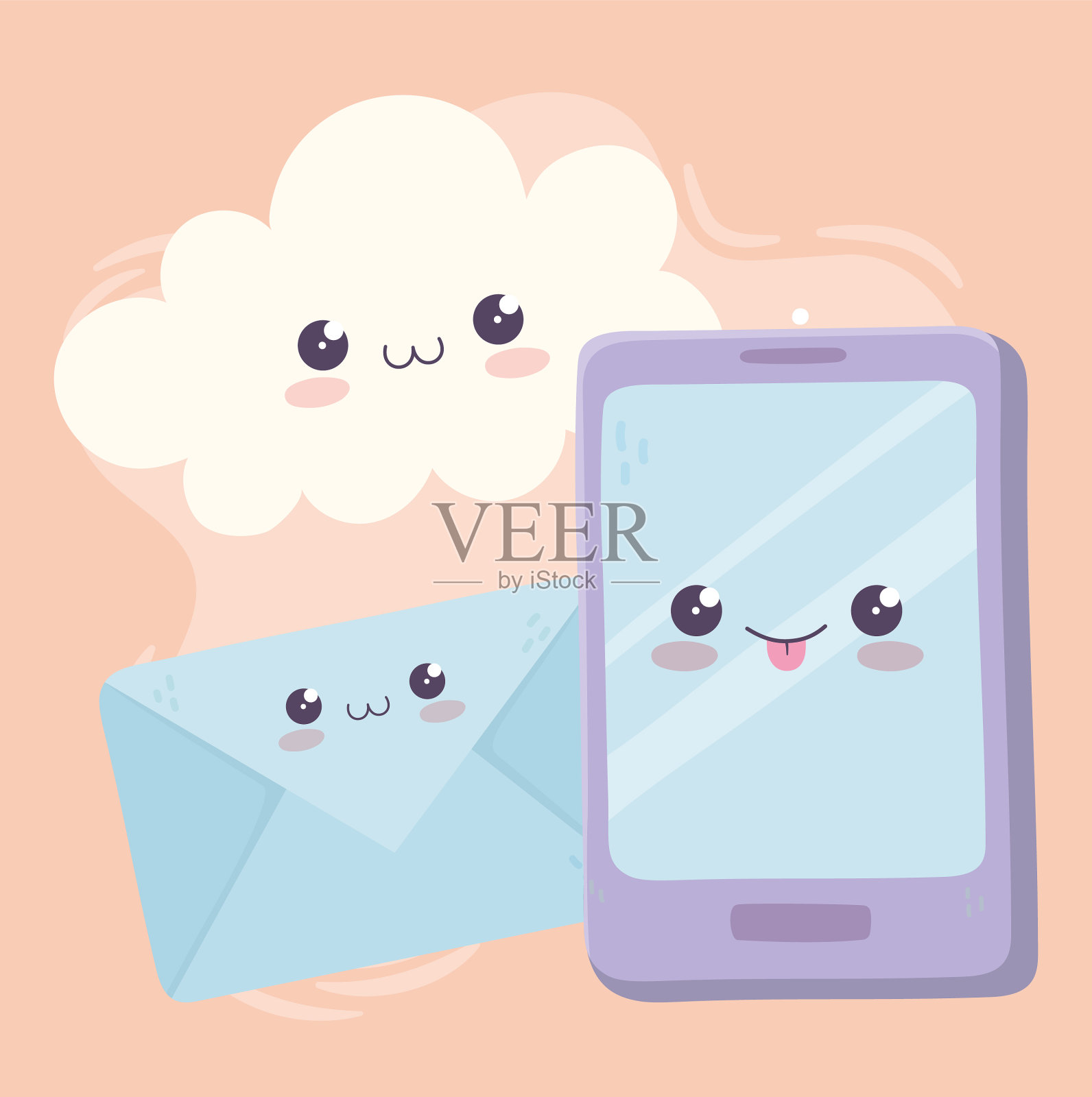 可爱的智能手机邮件云卡哇伊卡通插画图片素材