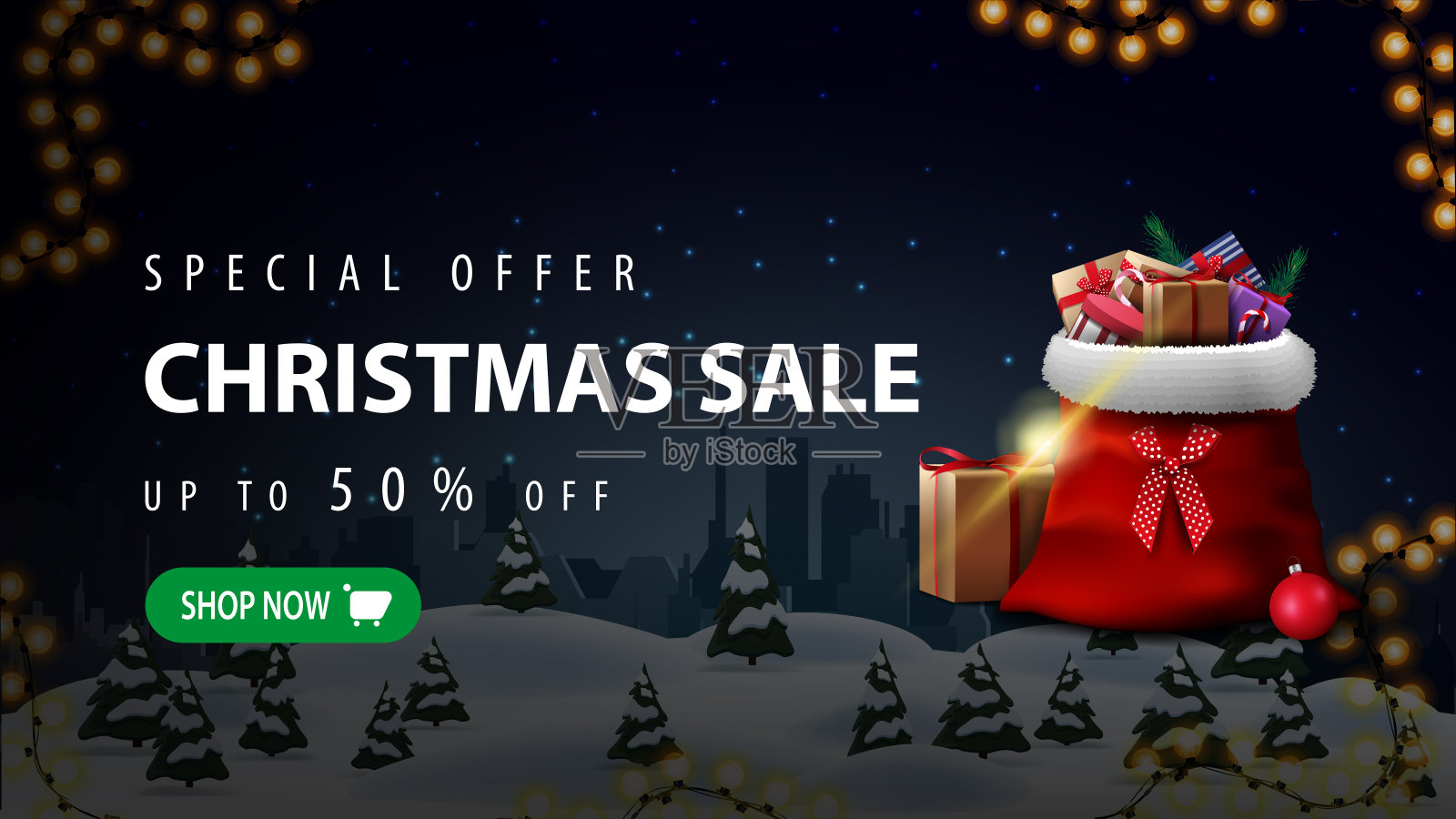 特别优惠，圣诞特惠，高达五折，美丽的折扣横幅与夜间冬季景观，剪影城市在水平和圣诞雪橇与礼物设计模板素材