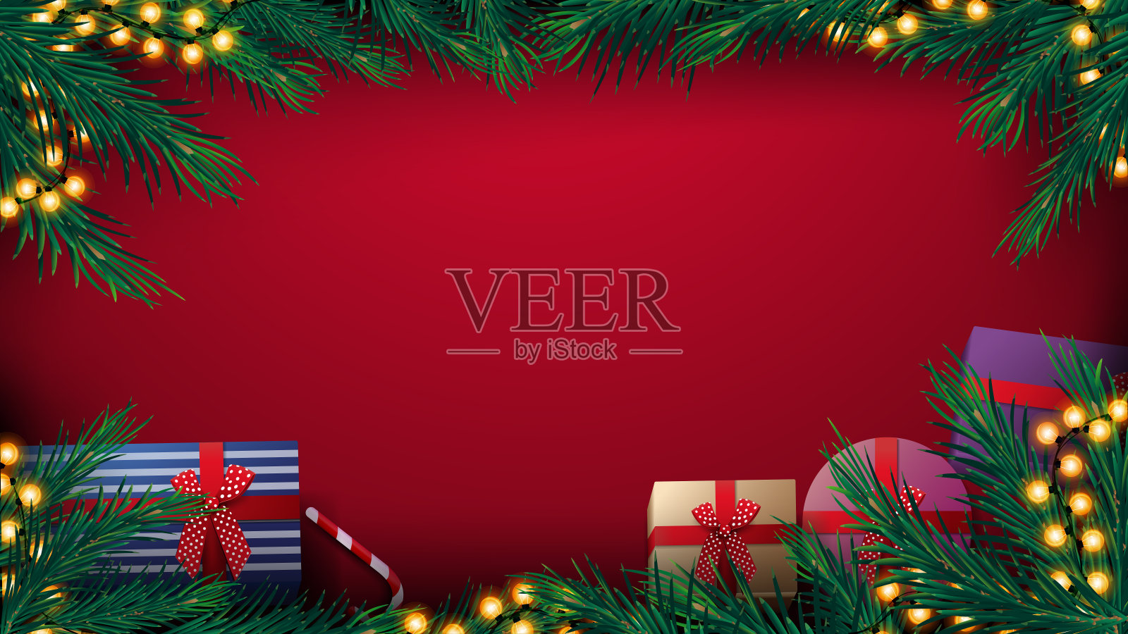 圣诞红色背景与圣诞树框架与黄色灯泡花环和礼物，俯视图插画图片素材