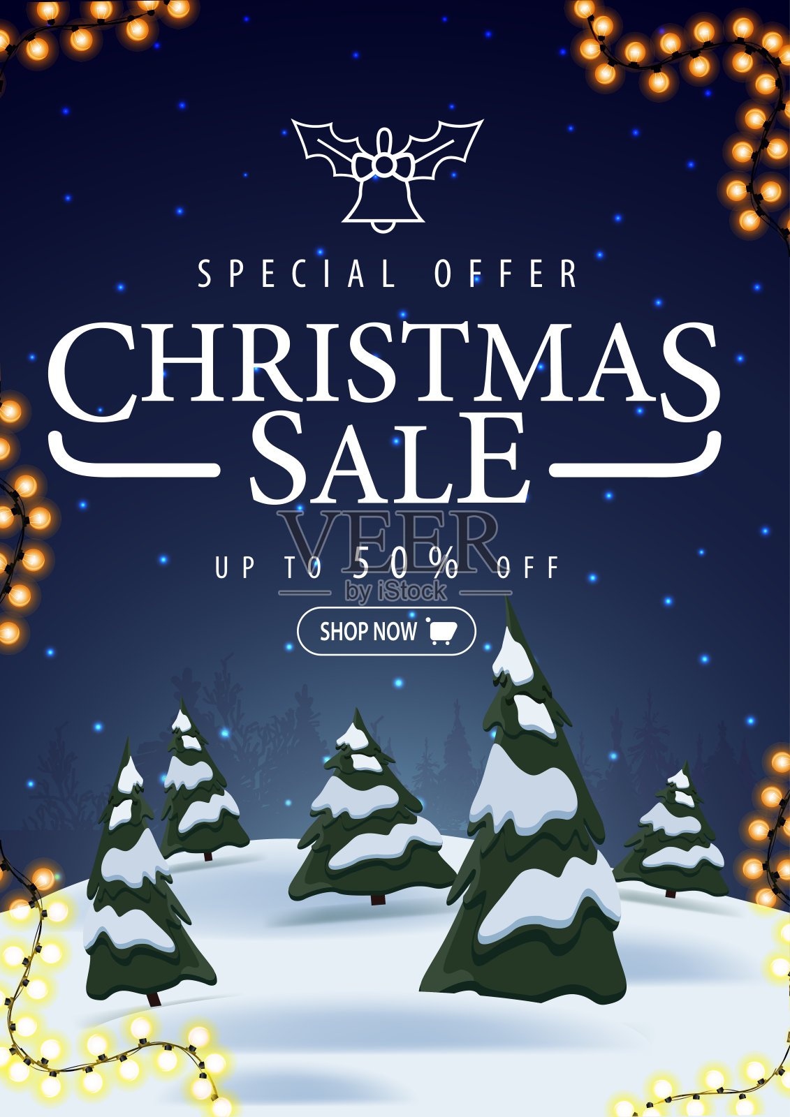 特别优惠，圣诞节销售，高达50%的折扣，垂直蓝色折扣横幅与冬季景观的背景设计模板素材
