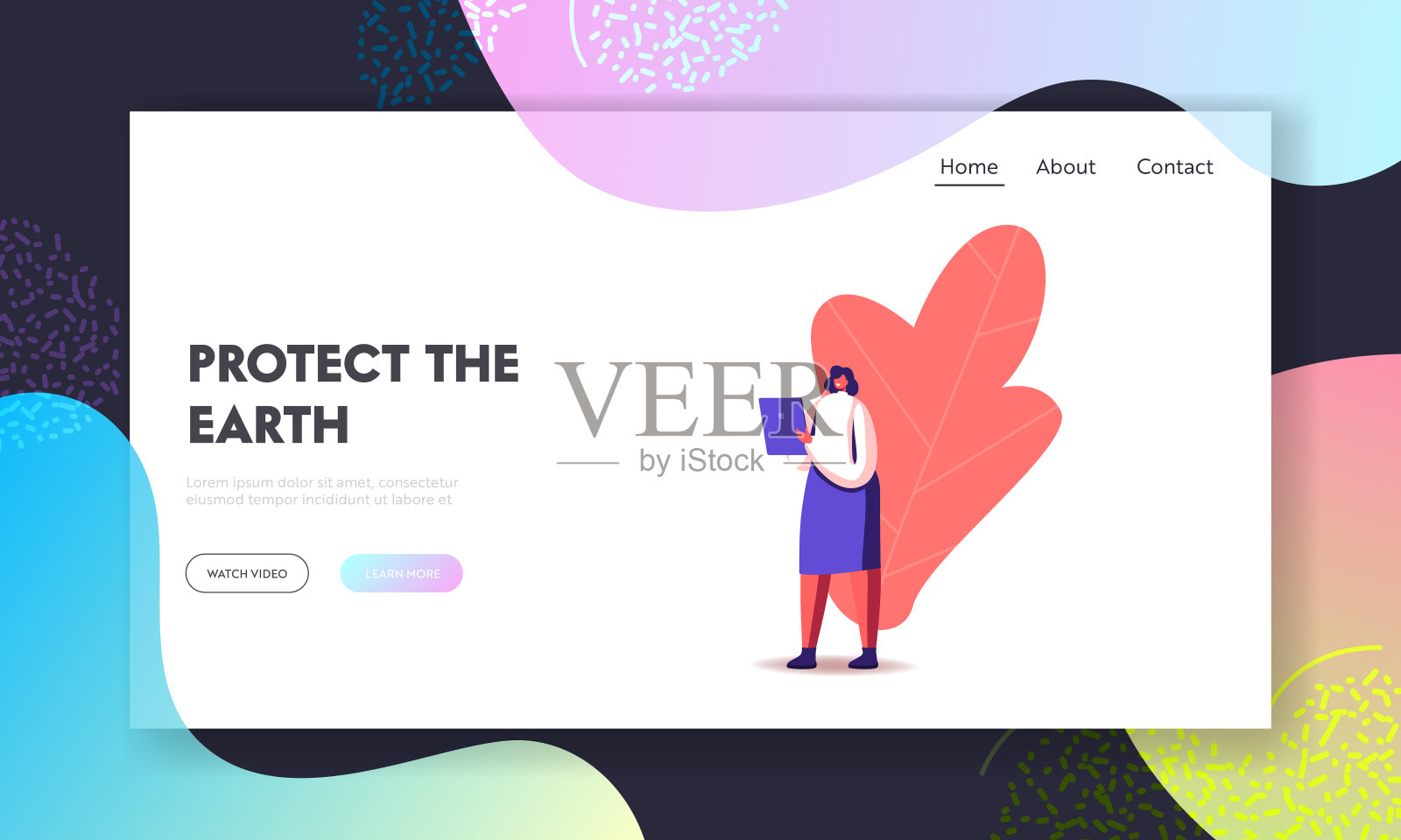 女孩与小工具登陆页面模板。商业女性在平板电脑上阅读信息。女主人公学习插画图片素材