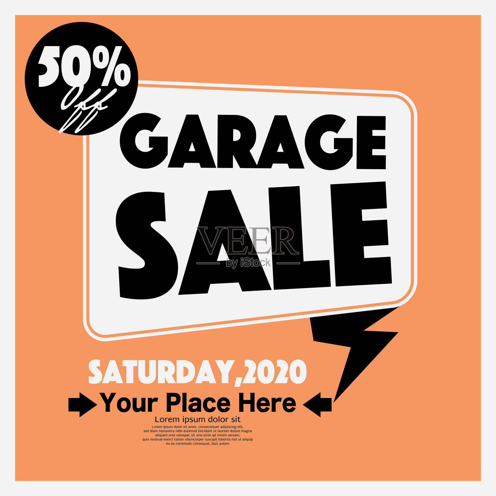 50%折扣车库出售广场旗帜，驱动销售概念矢量插图。插画图片素材