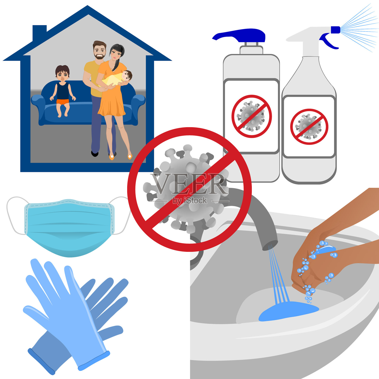 表面消毒。使用洗手液。戴上口罩和手套。冠状病毒预防。矢量插图海报，横幅。插画图片素材