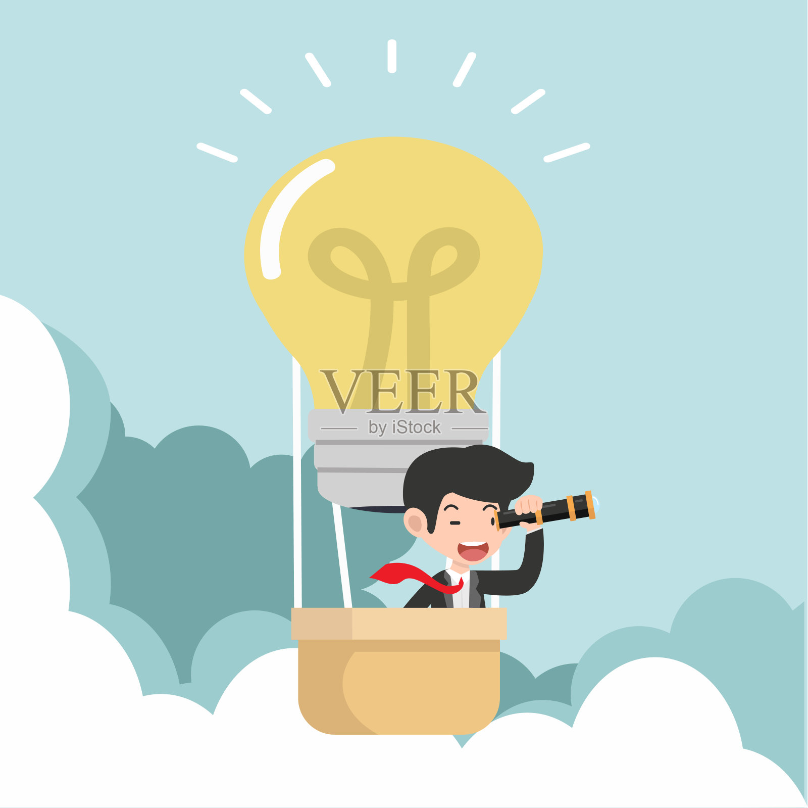 商人利用望远镜与热气球在天空中的概念插画图片素材