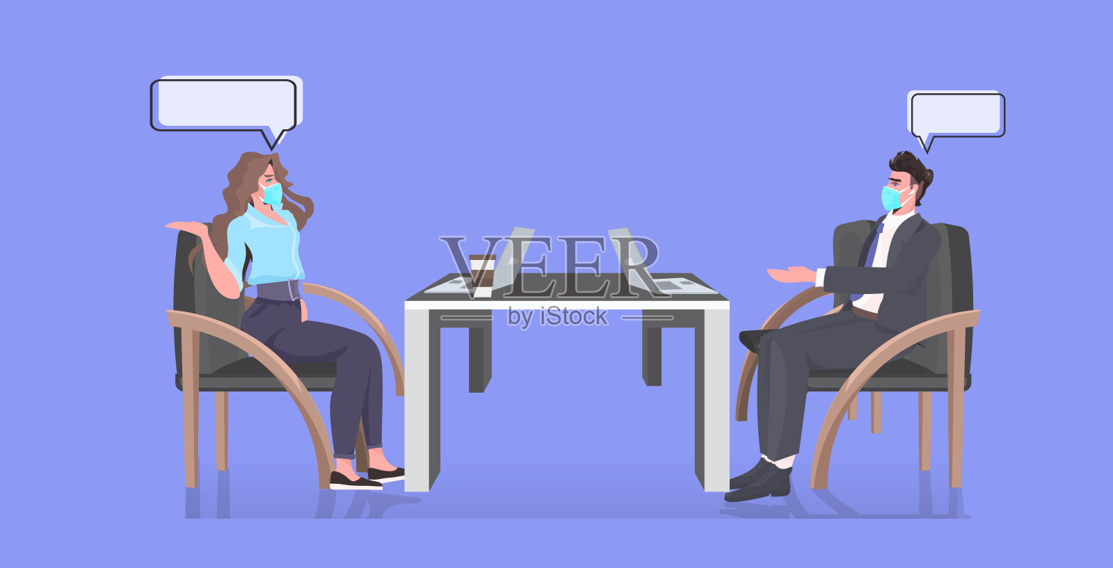 戴口罩的商务人士在会议期间讨论保持距离，以防止冠状病毒疫情水平全长矢量插图插画图片素材