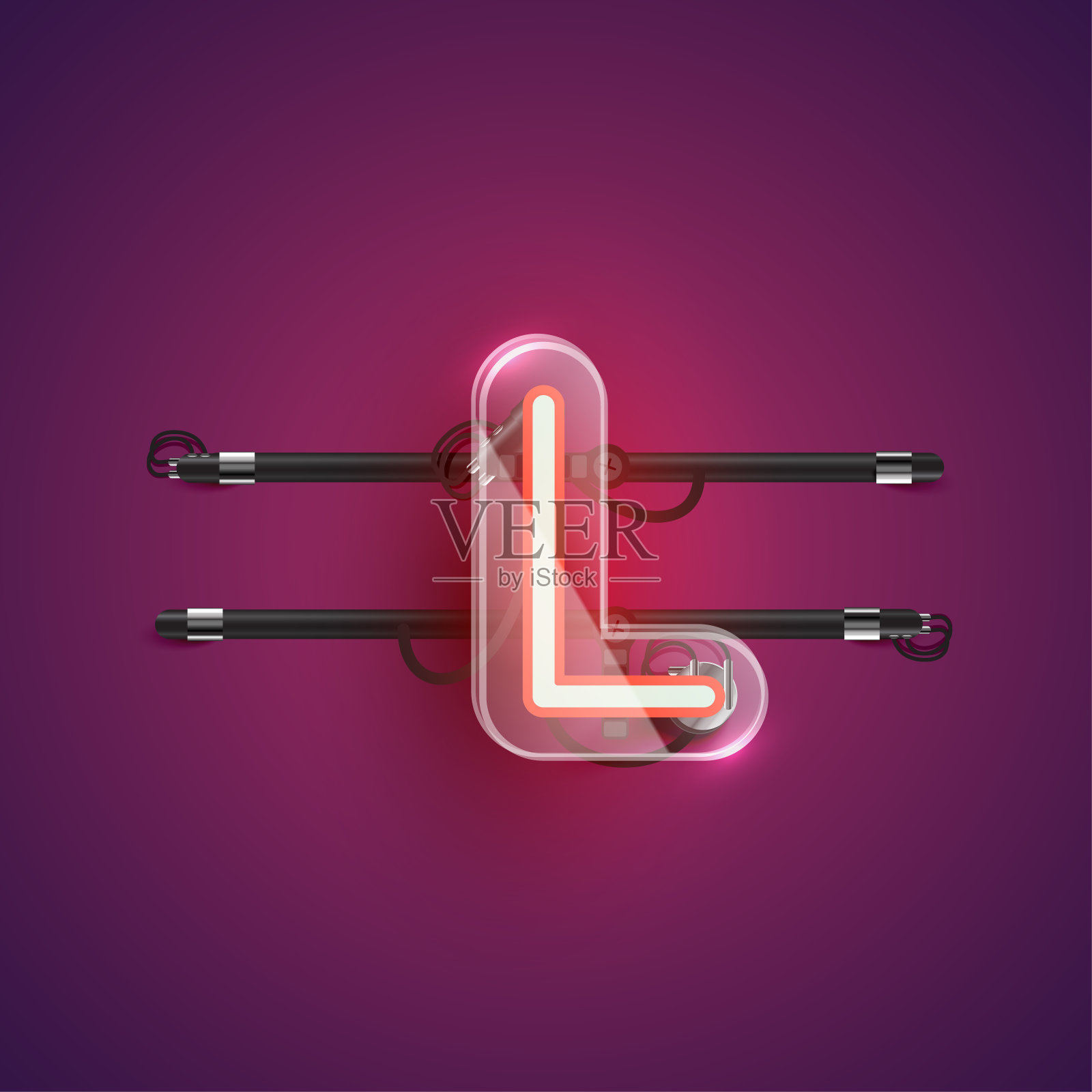 现实的霓虹L字符与塑料外壳周围，矢量插图插画图片素材