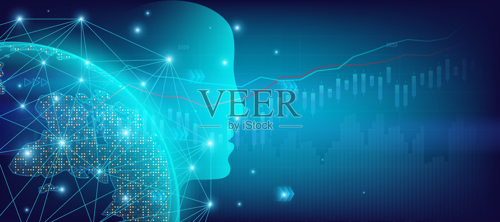 抽象的商业和金融交易或股票市场与ai技术蓝色背景。矢量插图设计。插画图片素材
